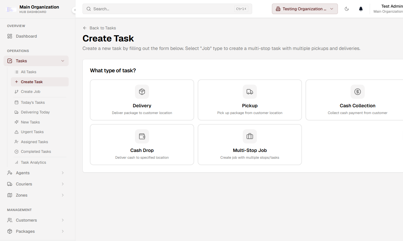 Deliverty Hub create task screen showing delivery, pickup, cash collection, cash drop, and multi-stop job options