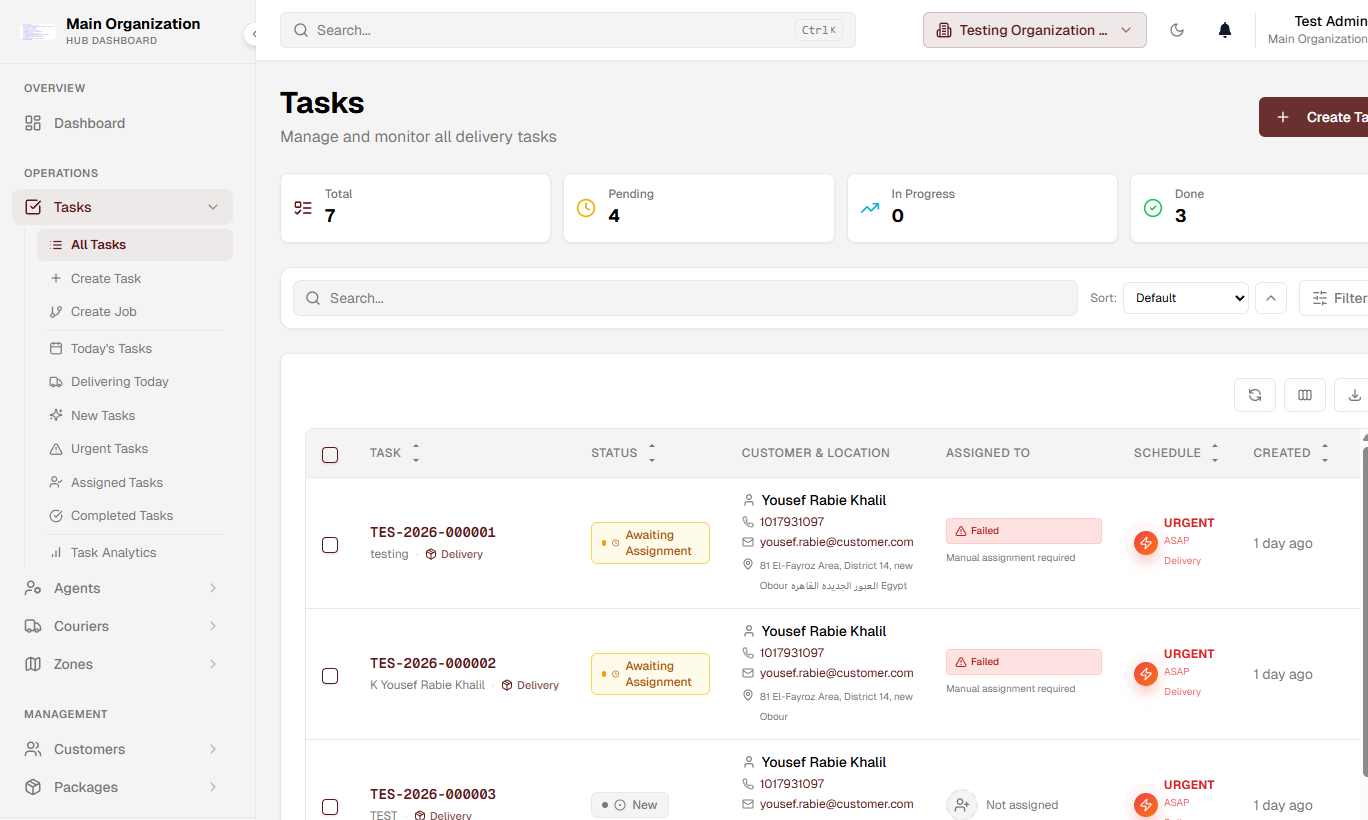 Deliverty Hub task listing showing task status, customer location, assignment state, schedule, and urgency
